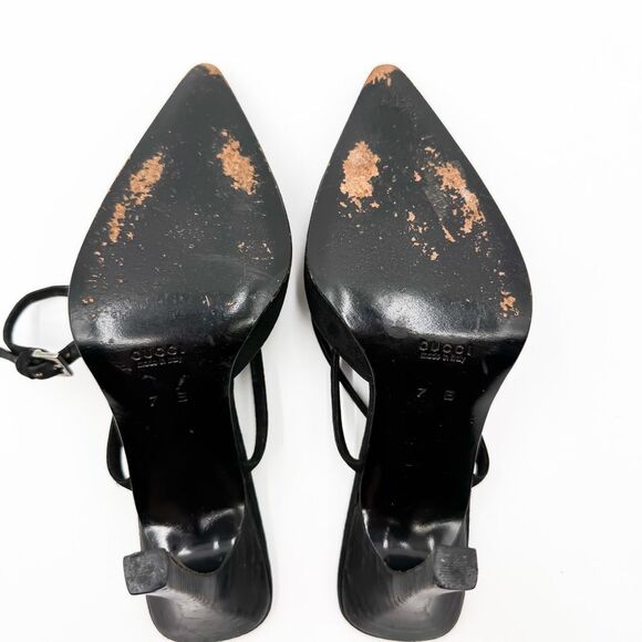 Gucci Black Suede Leather Strappy Heels Pointed Toe Size 7 - Picture 11 of 15